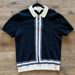 Reiss Men's Half Zip Textured Colorblock Polo Navy White XL X-Large $200